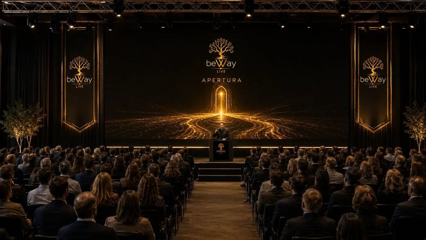 La sala di BEWAY LIVE: pubblico seduto, palco con l'albero d'oro sullo schermo.